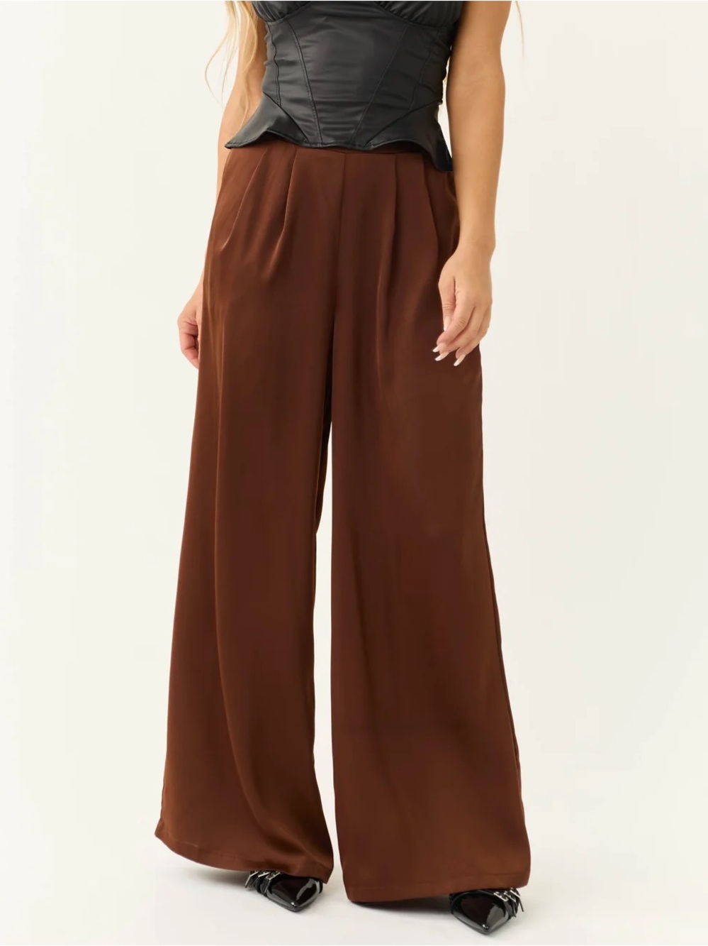 New. Chocolate Flowy Wide Leg Pull On Satin Pants Brown large